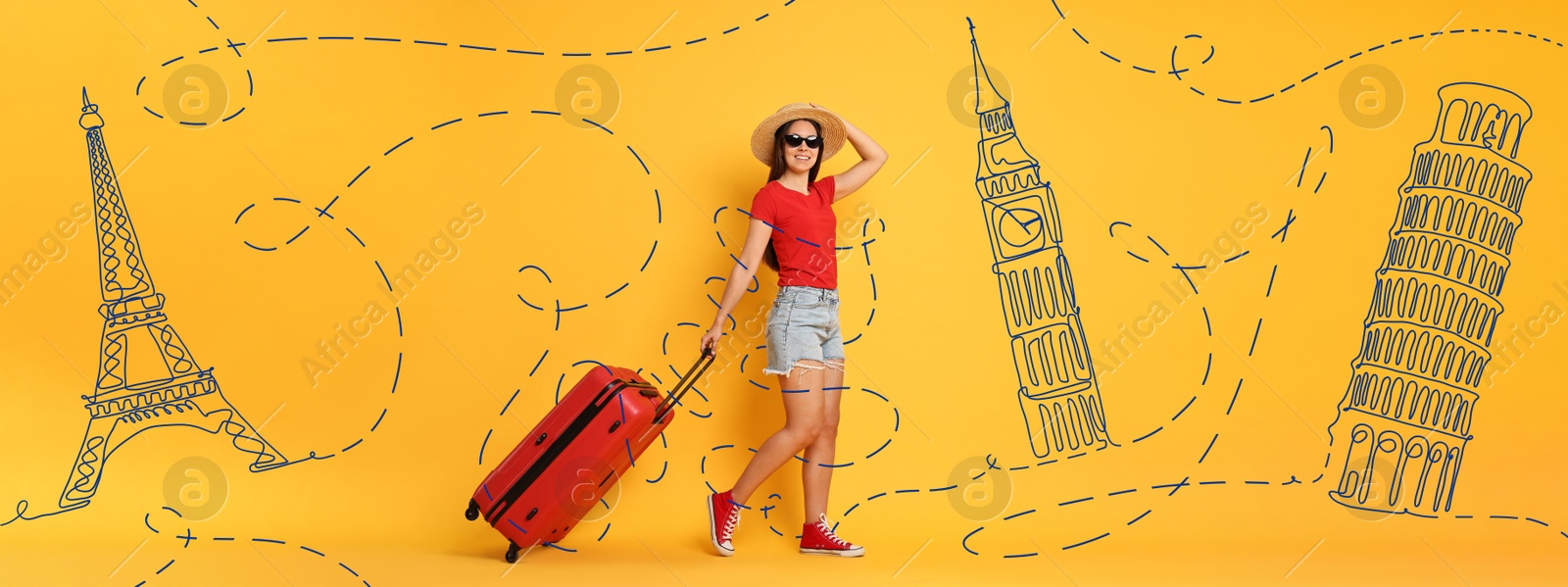 Image of Happy traveler with suitcase walking on orange background, banner design. Illustration of famous landmarks behind woman