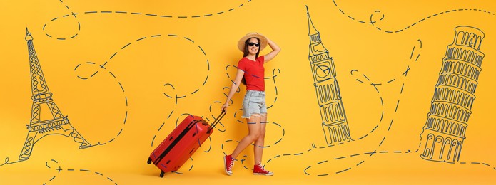 Happy traveler with suitcase walking on orange background, banner design. Illustration of famous landmarks behind woman