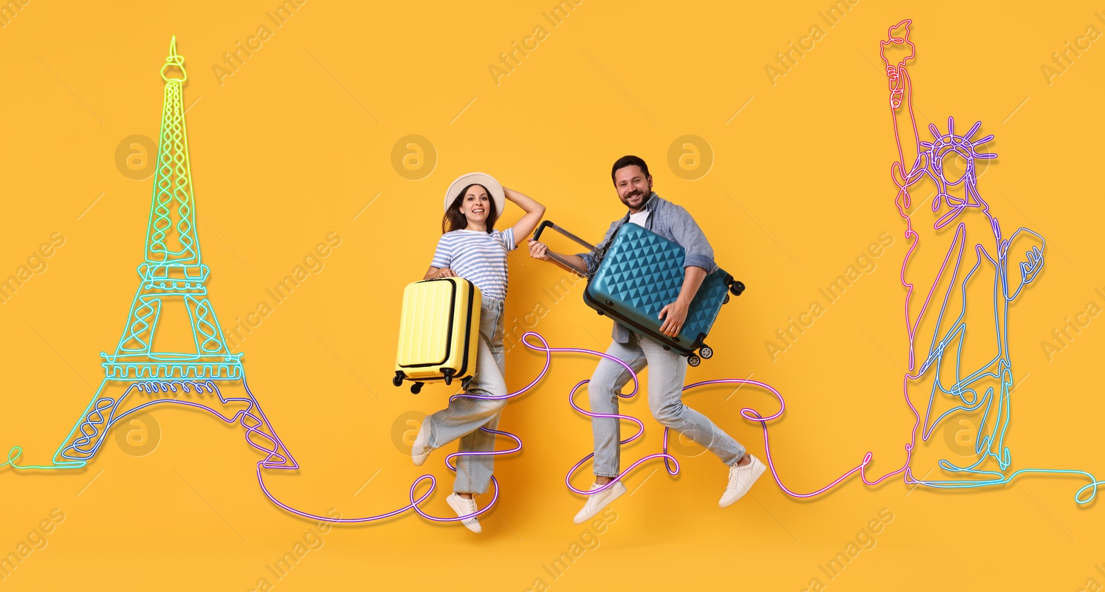 Image of Happy travelers with suitcases jumping on orange background, banner design. Neon illustration of famous landmarks behind couple