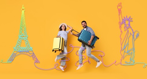 Image of Happy travelers with suitcases jumping on orange background, banner design. Neon illustration of famous landmarks behind couple