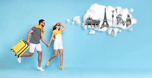 Happy travelers with suitcase running and dreaming about journey on light blue background, banner design. Illustration of famous landmarks in thought cloud