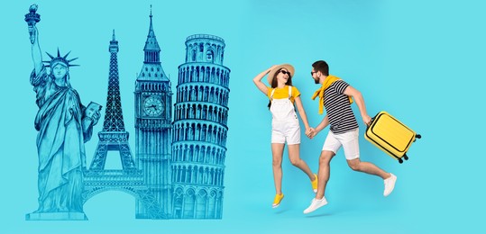 Image of Happy travelers with suitcase running towards illustration of famous landmarks on light blue background. Banner design