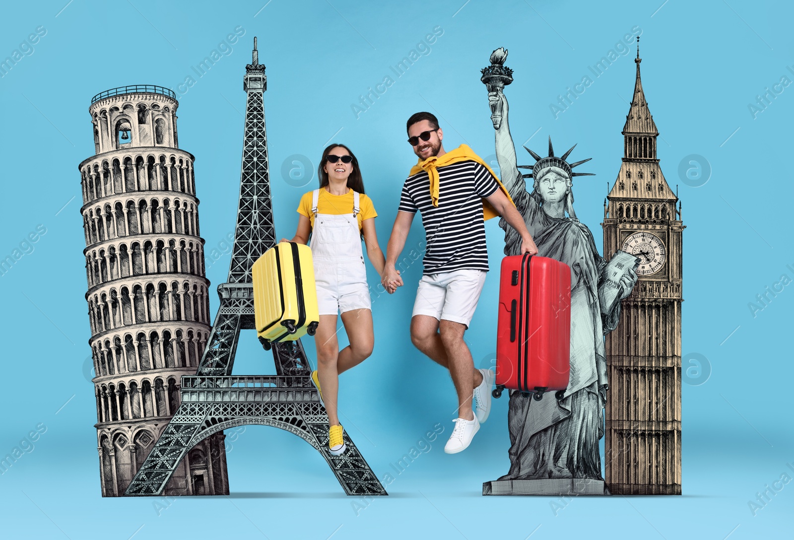 Image of Happy travelers with suitcases jumping on light blue background. Illustration of famous landmarks behind couple