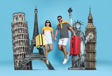 Happy travelers with suitcases jumping on light blue background. Illustration of famous landmarks behind couple