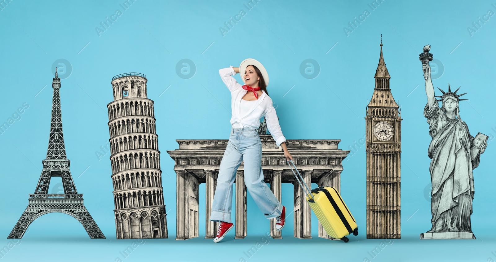 Image of Happy traveler with suitcase running on light blue background, banner design. Illustration of famous landmarks behind woman