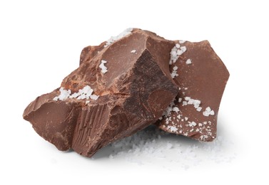 Photo of Pieces of chocolate with salt isolated on white