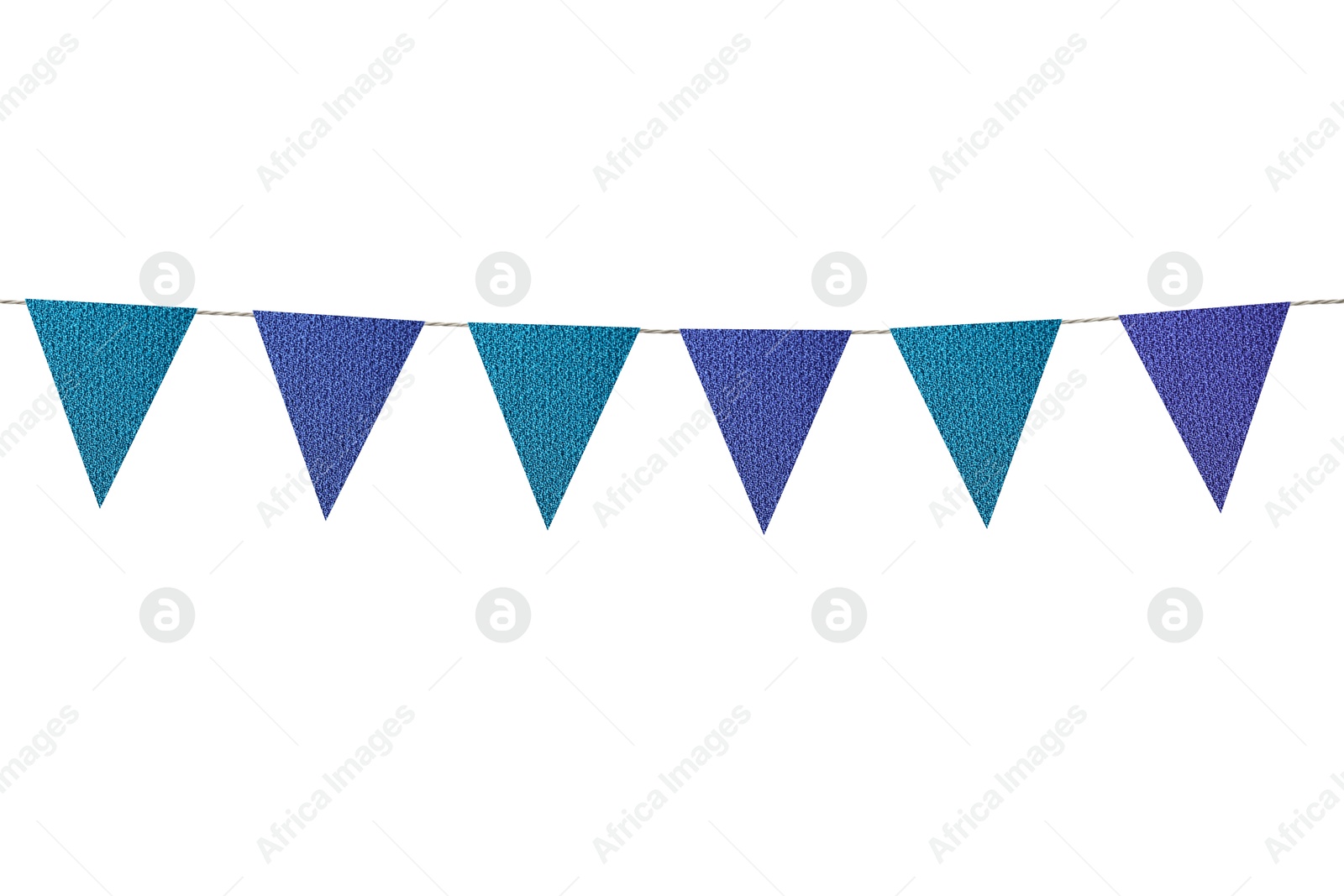 Image of Fabric flags on rope against white background. Party decoration