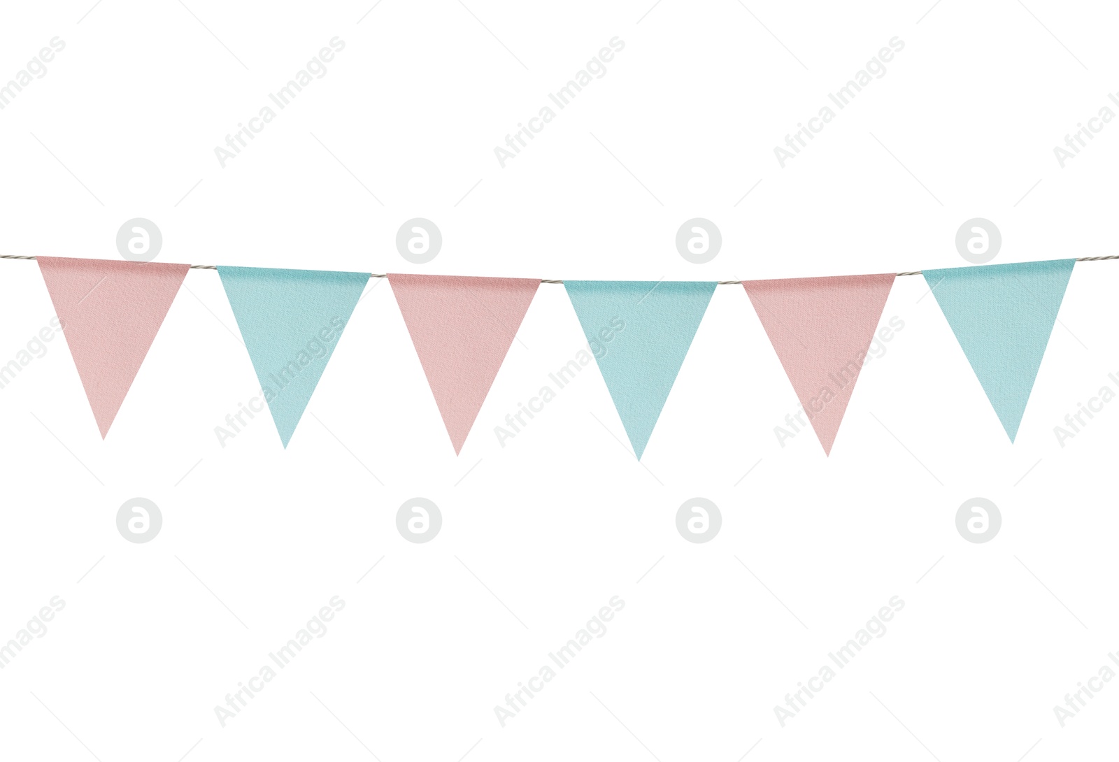 Image of Fabric flags on rope against white background. Party decoration