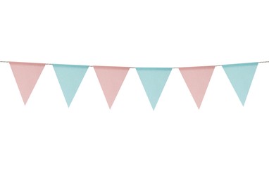 Image of Fabric flags on rope against white background. Party decoration