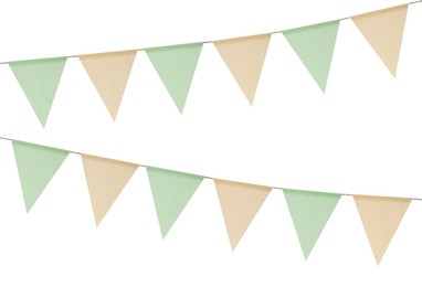 Fabric flags on rope against white background. Party decoration