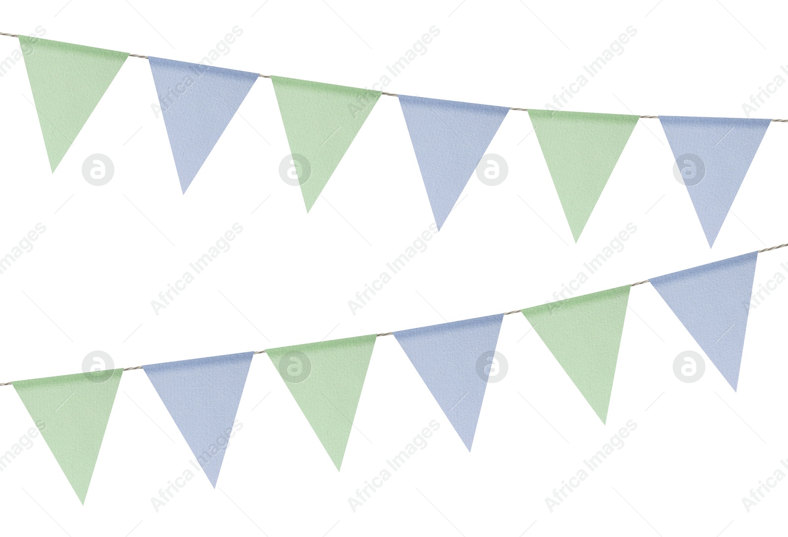 Image of Fabric flags on rope against white background. Party decoration