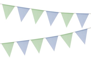 Fabric flags on rope against white background. Party decoration