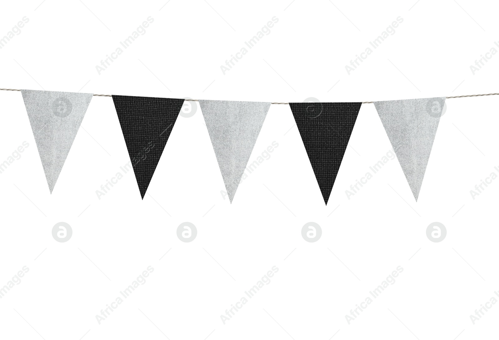 Image of Fabric flags on rope against white background. Party decoration