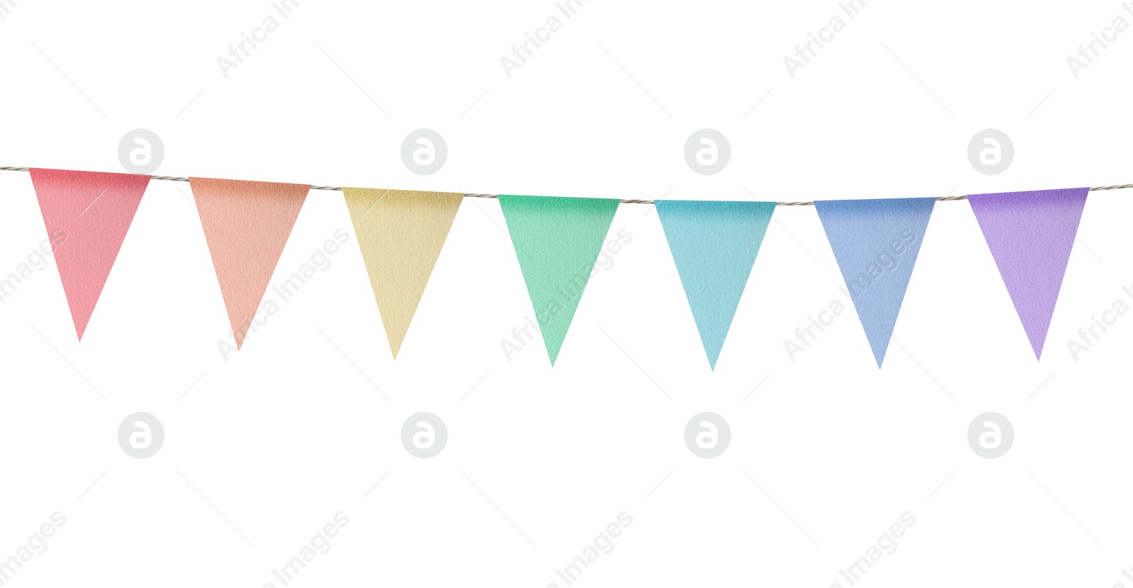 Image of Fabric flags on rope against white background. Party decoration