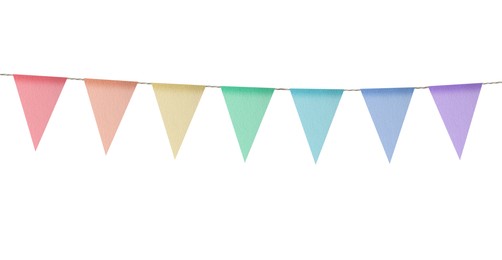 Image of Fabric flags on rope against white background. Party decoration