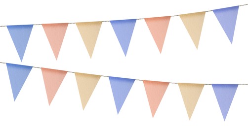 Image of Fabric flags on rope against white background. Party decoration