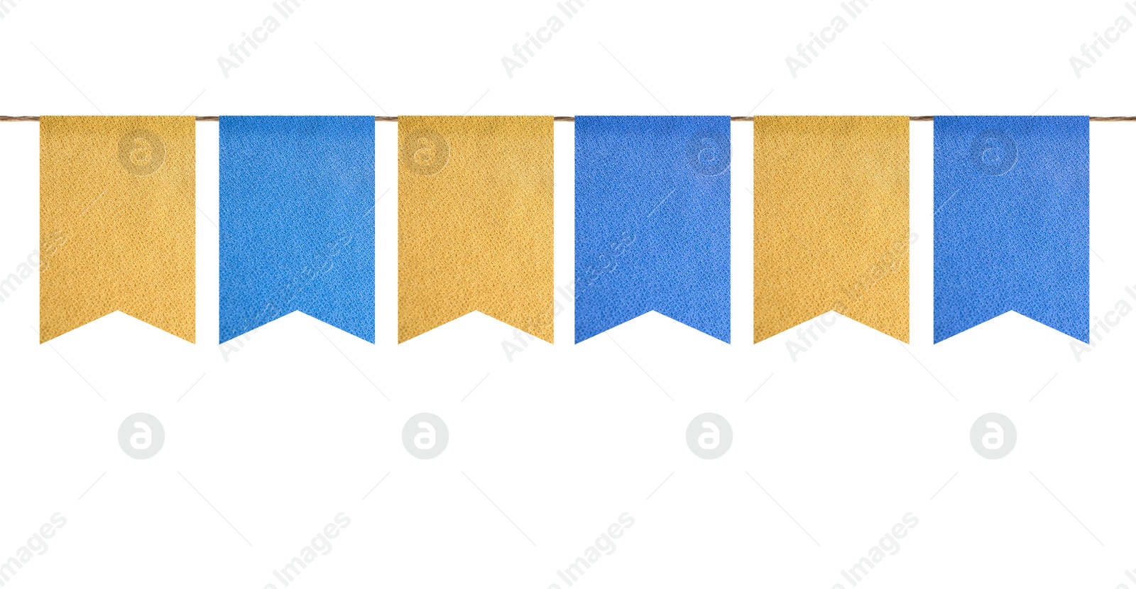 Image of Fabric flags on rope against white background. Party decoration