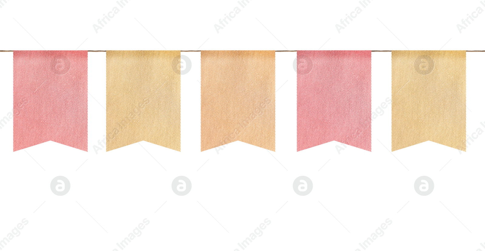 Image of Fabric flags on rope against white background. Party decoration