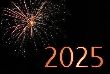 Image of 2025 New Year greeting card with firework on black background