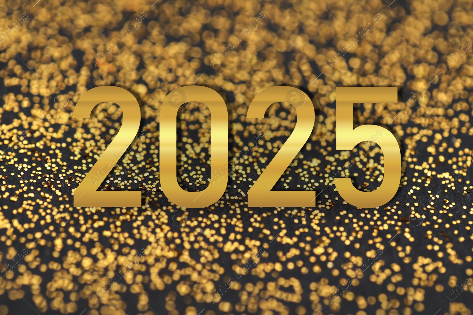 Image of 2025 New Year greeting card with golden sparkles