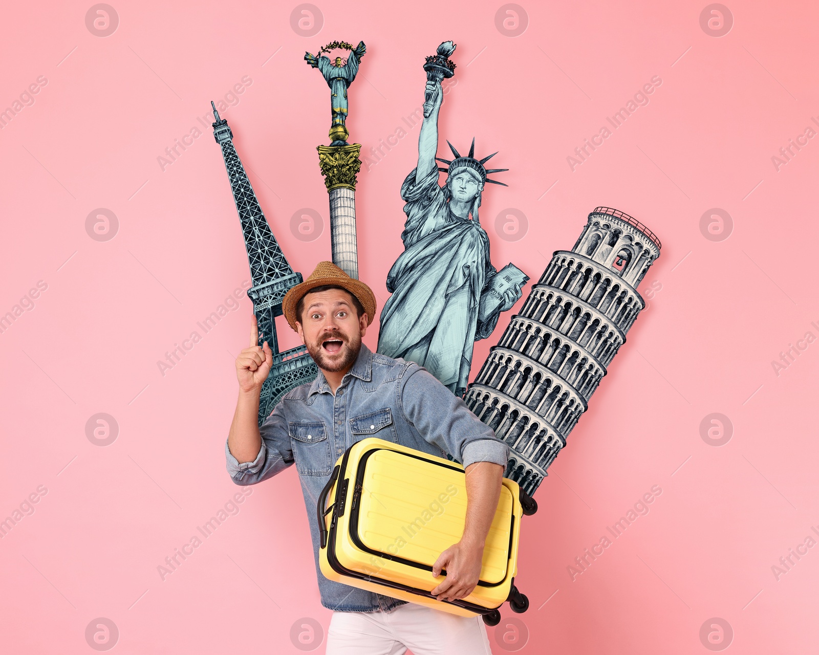 Image of Happy traveler with suitcase on pink background. Illustration of famous landmarks behind man