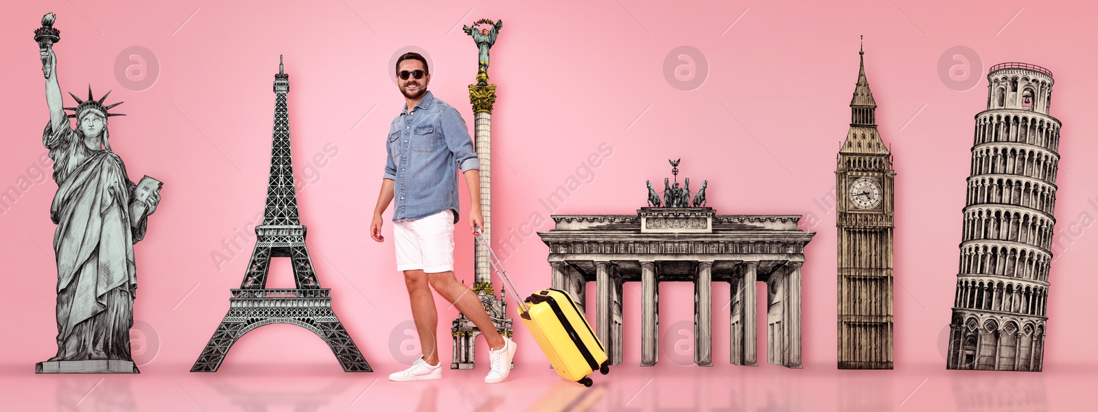 Image of Happy traveler with suitcase on pink background, banner design. Illustration of famous landmarks behind man