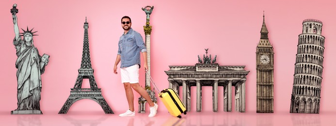 Image of Happy traveler with suitcase on pink background, banner design. Illustration of famous landmarks behind man