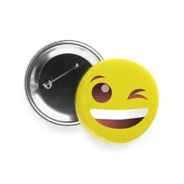 Image of Badges isolated on white. One displaying face with winking eye and smile