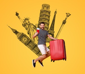 Image of Happy traveler with suitcase, passport and tickets jumping on orange background. Illustration of famous landmarks behind man