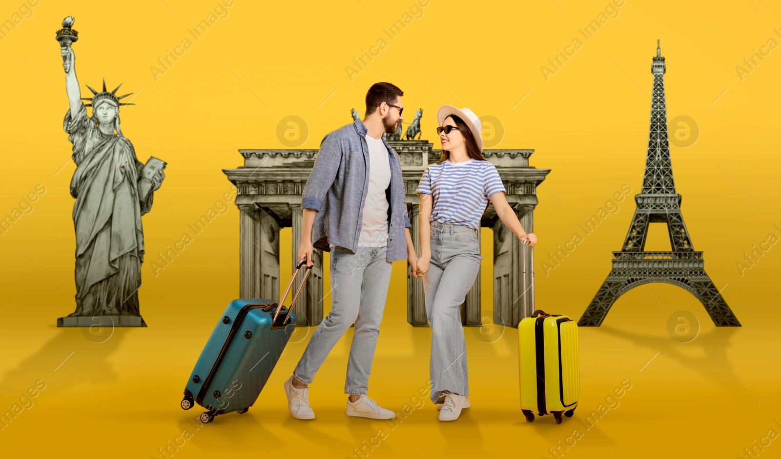 Image of Happy travelers with suitcases on orange background, banner design. Illustration of famous landmarks behind couple