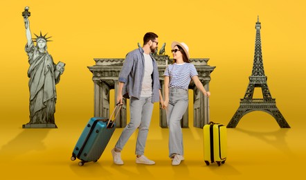 Image of Happy travelers with suitcases on orange background, banner design. Illustration of famous landmarks behind couple