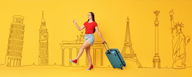 Happy traveler with suitcase on orange background, banner design. Illustration of famous landmarks behind woman