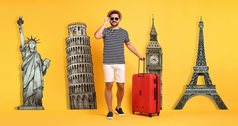 Happy traveler with suitcase on orange background. Illustration of famous landmarks behind man