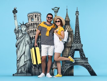 Image of Happy travelers with suitcase on light blue background. Illustration of famous landmarks behind couple