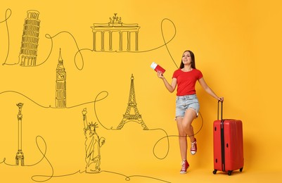 Happy traveler with suitcase, passport and ticket on orange background. Illustration of famous landmarks