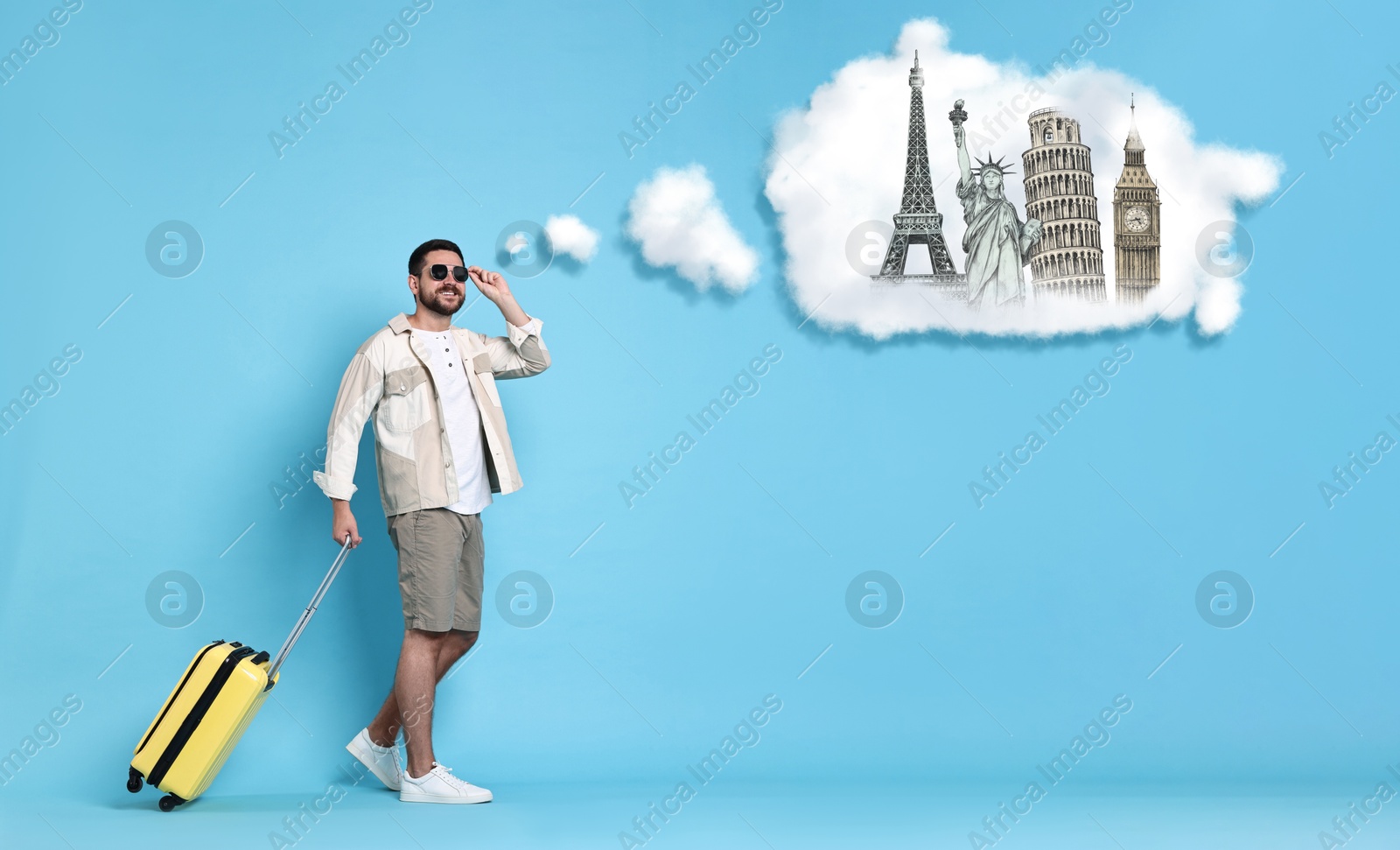 Image of Happy traveler with suitcase walking and dreaming about journey on light blue background, banner design. Illustration of famous landmarks in thought cloud