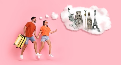 Happy travelers with suitcase running and dreaming about journey on pink background, banner design. Illustration of famous landmarks in thought cloud