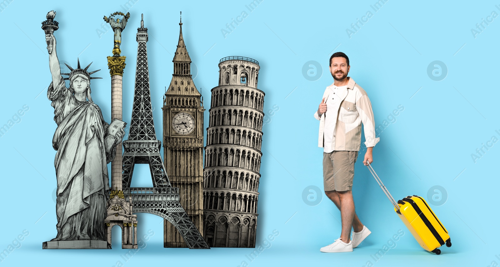 Image of Happy traveler with suitcase walking towards illustration of famous landmarks on light blue background, banner design