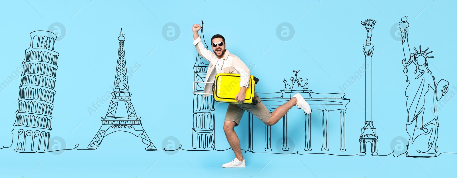 Image of Happy traveler with suitcase running on light blue background, banner design. Illustration of famous landmarks behind man