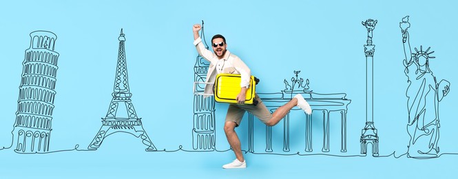 Happy traveler with suitcase running on light blue background, banner design. Illustration of famous landmarks behind man