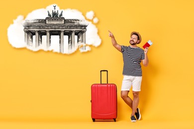 Happy traveler with suitcase, passport and ticket dreaming about journey to Brandenburg Gate on orange background. Illustration of famous landmark in thought cloud