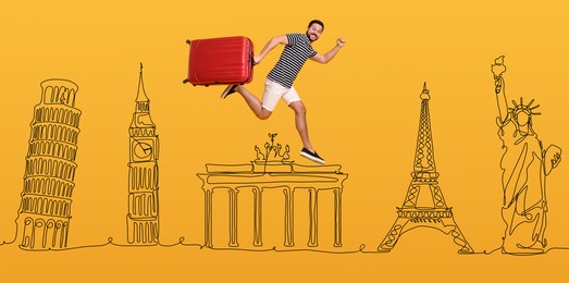 Happy traveler with suitcase jumping on orange background, banner design. Illustration of famous landmarks