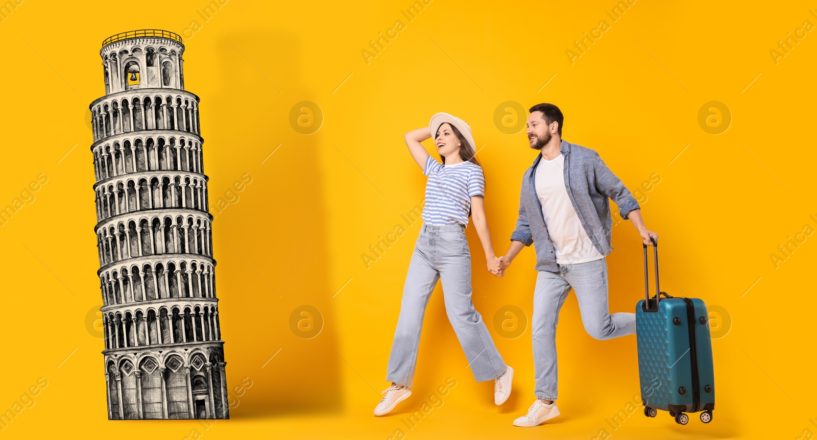 Image of Happy travelers with suitcase running towards Leaning tower of Pisa on orange background. Illustration of famous landmark. Banner design