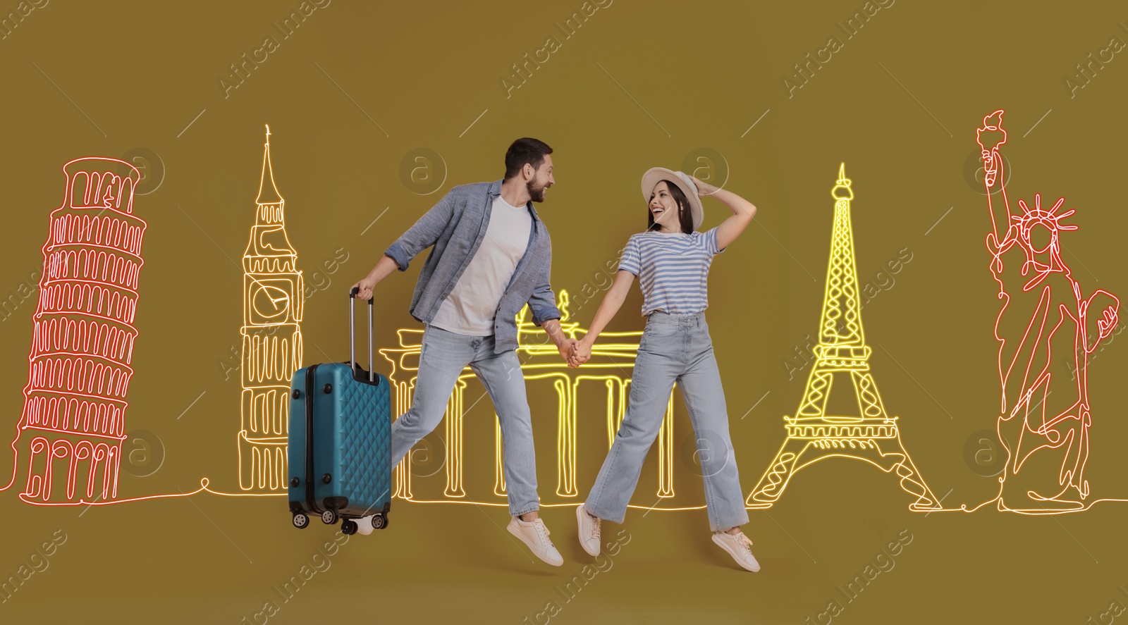 Image of Happy travelers with suitcases jumping on olive color background. Illustration of famous landmarks behind couple. Banner design