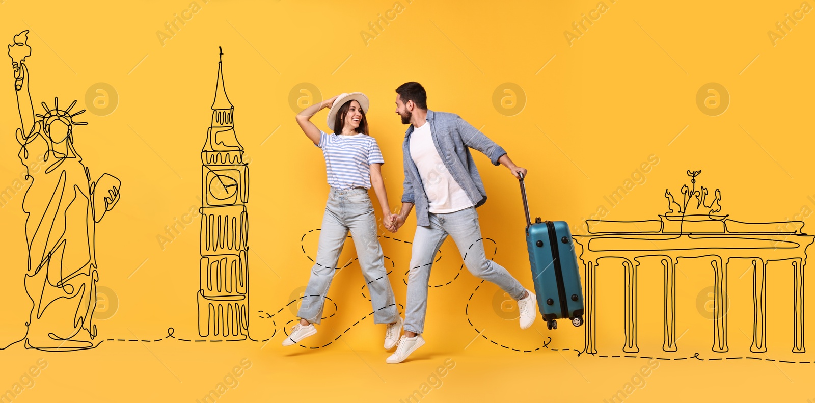 Image of Happy travelers with suitcase jumping on orange background, banner design. Illustration of famous landmarks behind couple