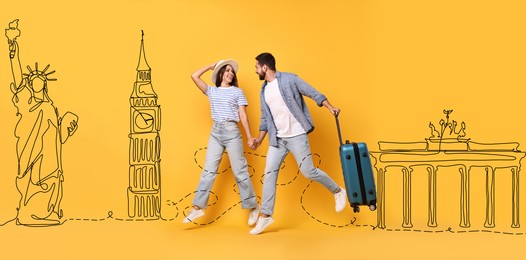 Image of Happy travelers with suitcase jumping on orange background, banner design. Illustration of famous landmarks behind couple