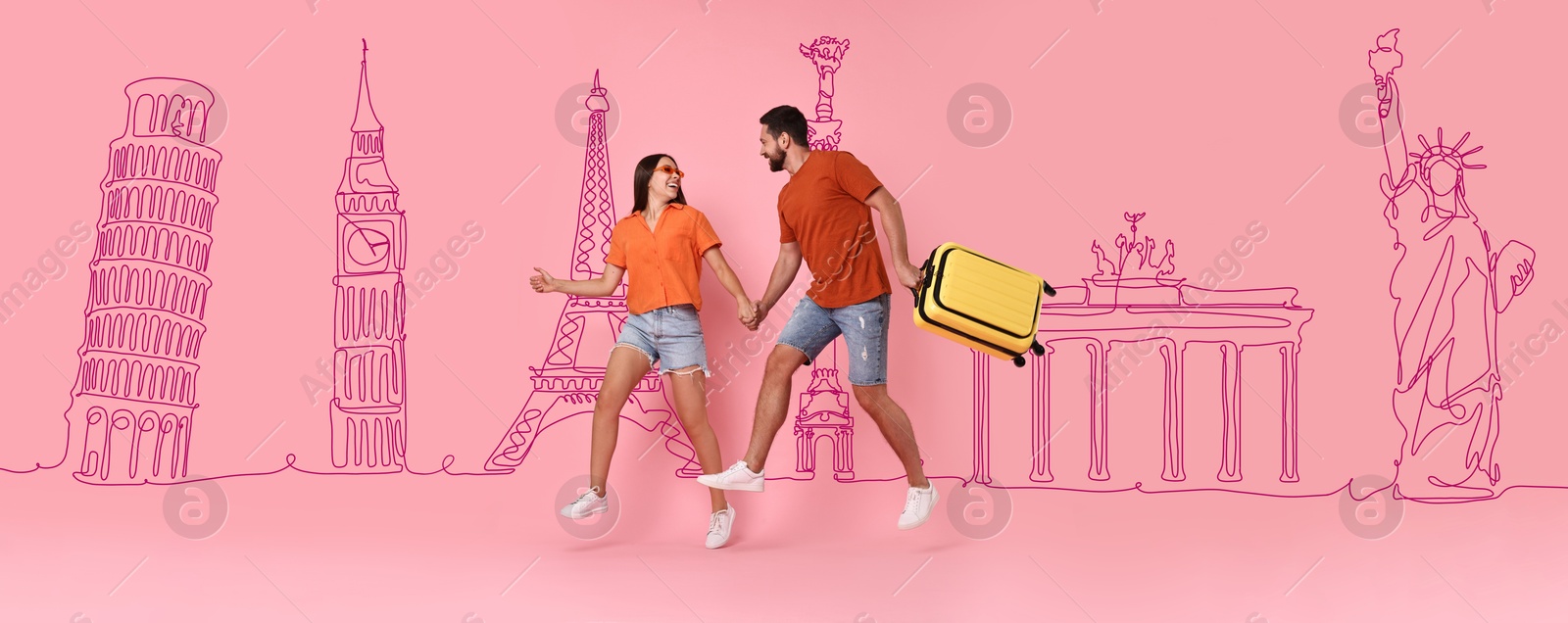 Image of Happy travelers with suitcase jumping on pink background. Illustration of famous landmarks behind couple. Banner design