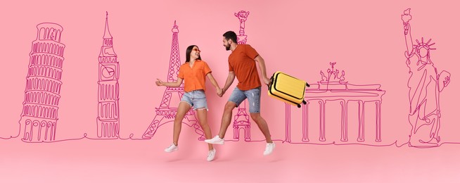 Image of Happy travelers with suitcase jumping on pink background. Illustration of famous landmarks behind couple. Banner design