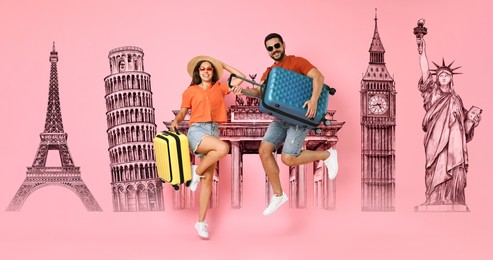 Happy travelers with suitcases jumping on pink background. Illustration of famous landmarks behind couple. Banner design