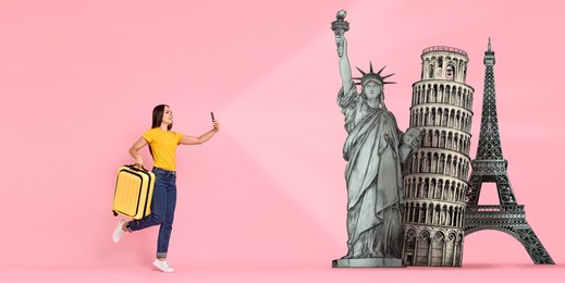 Image of Happy traveler with suitcase taking photo of famous landmarks on pink background, banner design